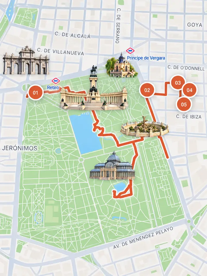 Map preview of the Retiro Park and Narváez route in Madrid